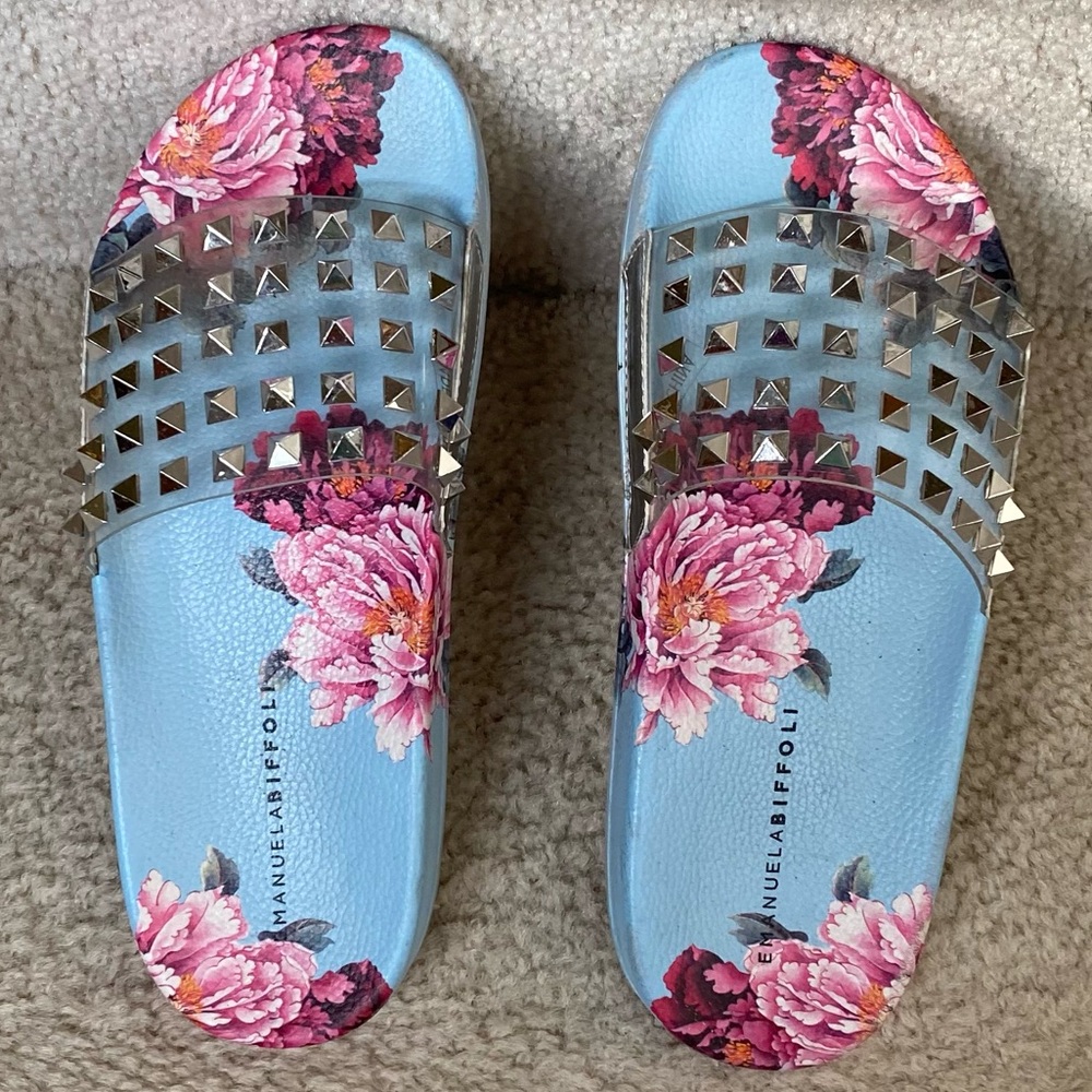 EMANUELA BIFFOLI LADIES GLITTER-STUD/FLORAL SLIP ON SLIPPERS/ BLUE/PINK / 37